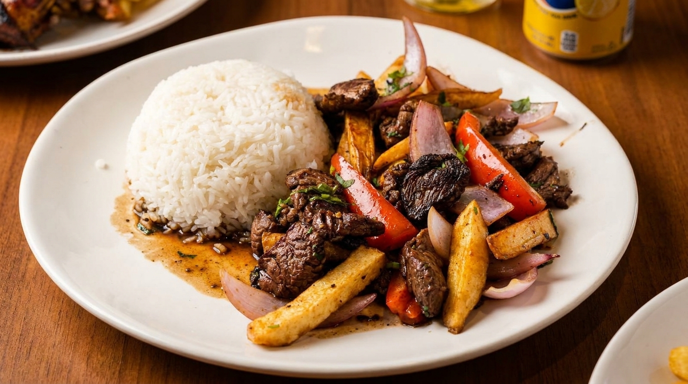 A plate of Lomo Saltado with steak, red onions, tomatoes, fries, and white rice.