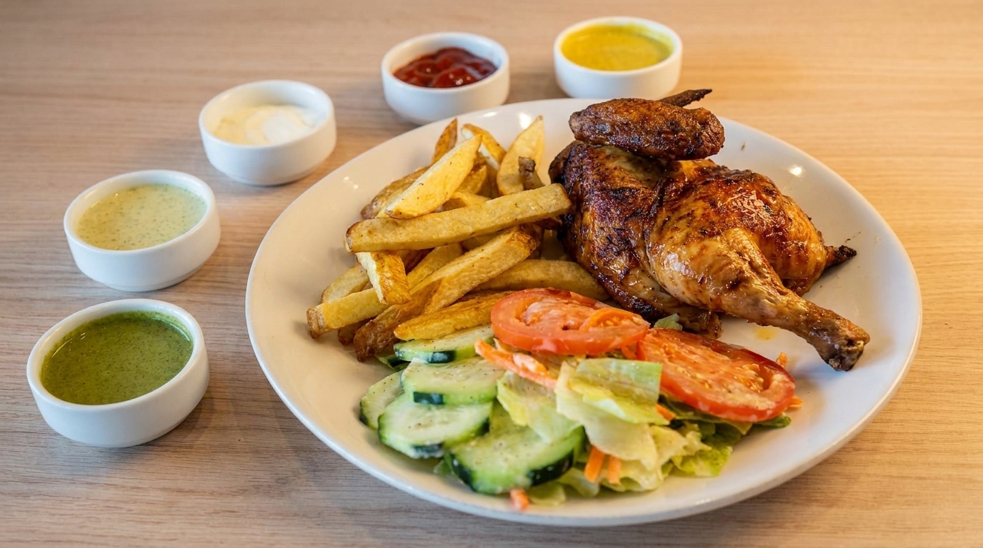 Grilled chicken, french fries, and salad with three dipping sauces on a wooden table.