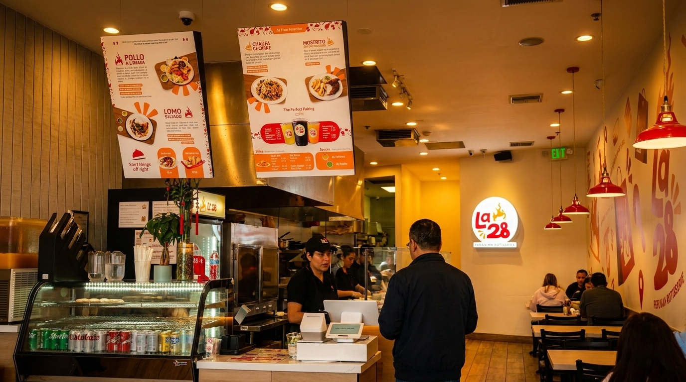 A customer orders at the counter of La 28 Peruvian Rotisserie, with menu boards and dining area visible.