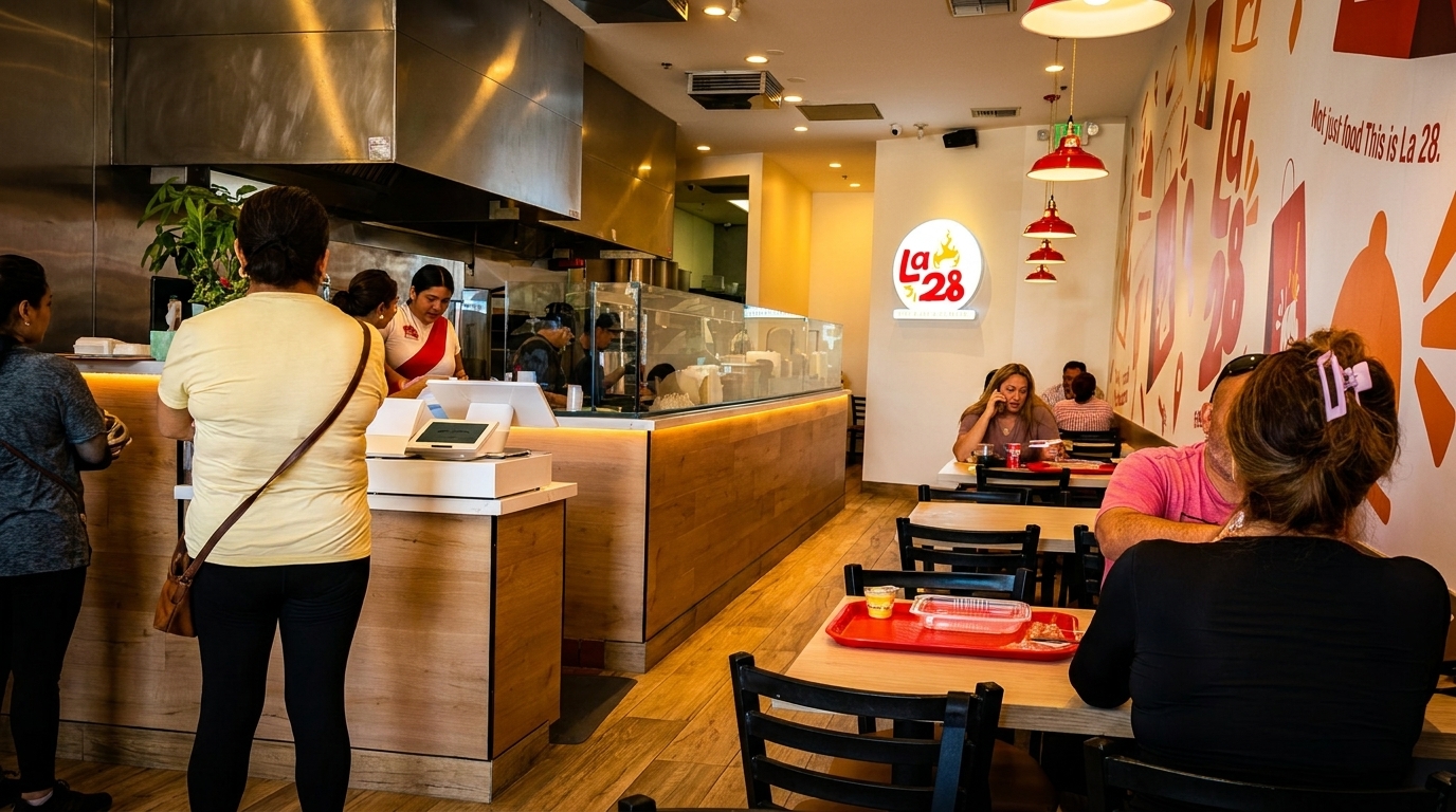 Customers ordering at the counter and dining at tables in a brightly lit La 28 restaurant.