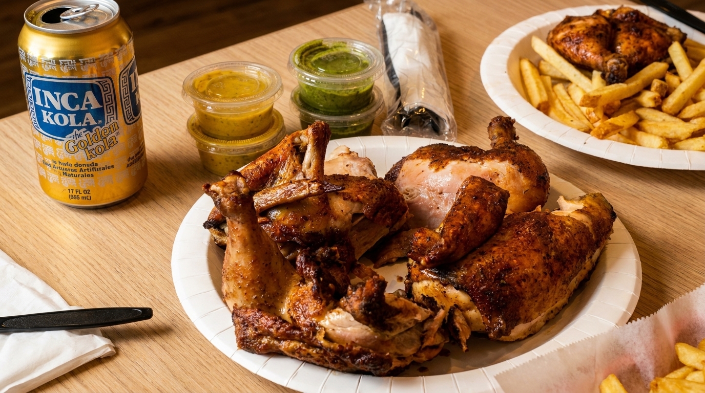 Peruvian rotisserie chicken with fries, Inca Kola, and green and yellow sauces on a wooden table.