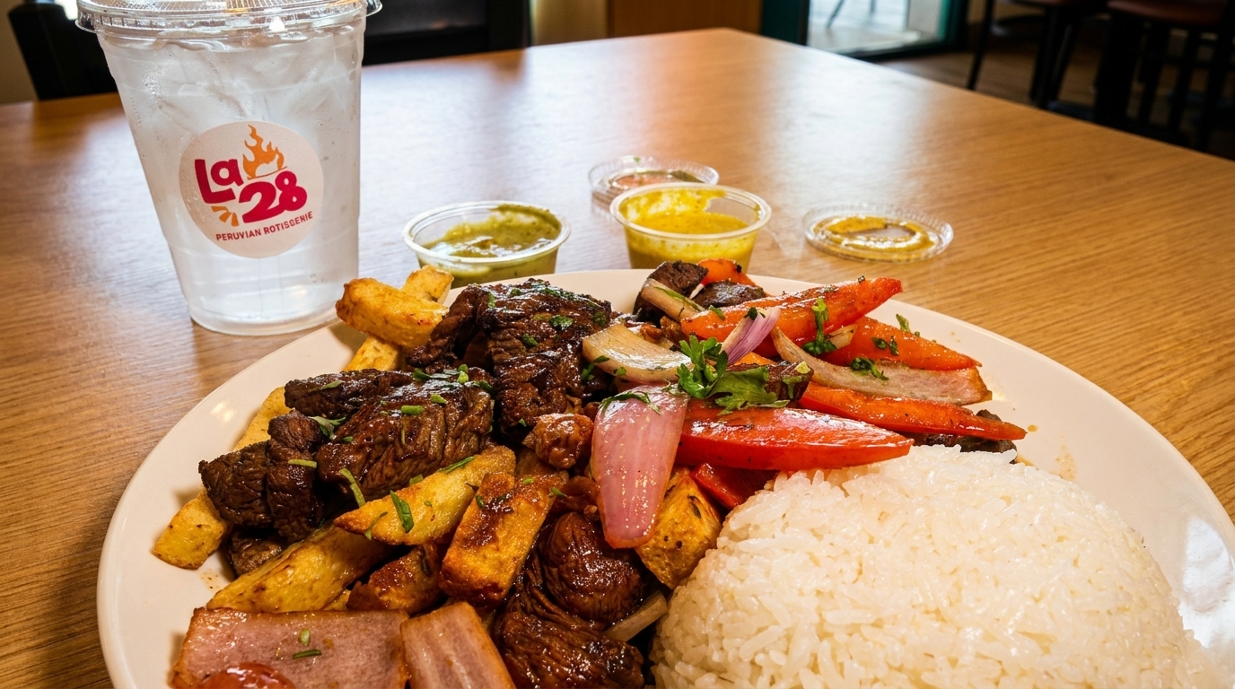 Peruvian Lomo Saltado with steak, fries, vegetables, rice, and sauces on a wooden table.