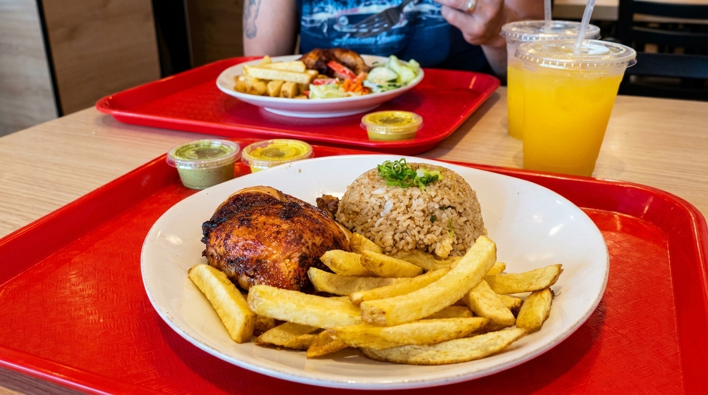 Two plates of roasted chicken, fries, rice, and salad on red trays with orange drinks.
