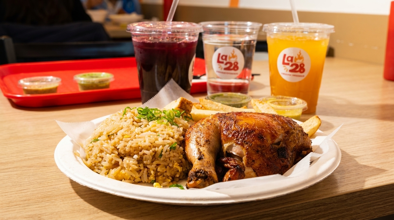 A plate of roasted chicken, fried rice, and fries with three La 28 branded drinks.
