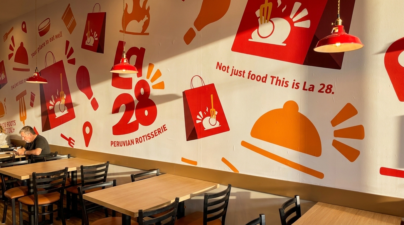 A man sits at a table in a Peruvian rotisserie restaurant with branded wall art.