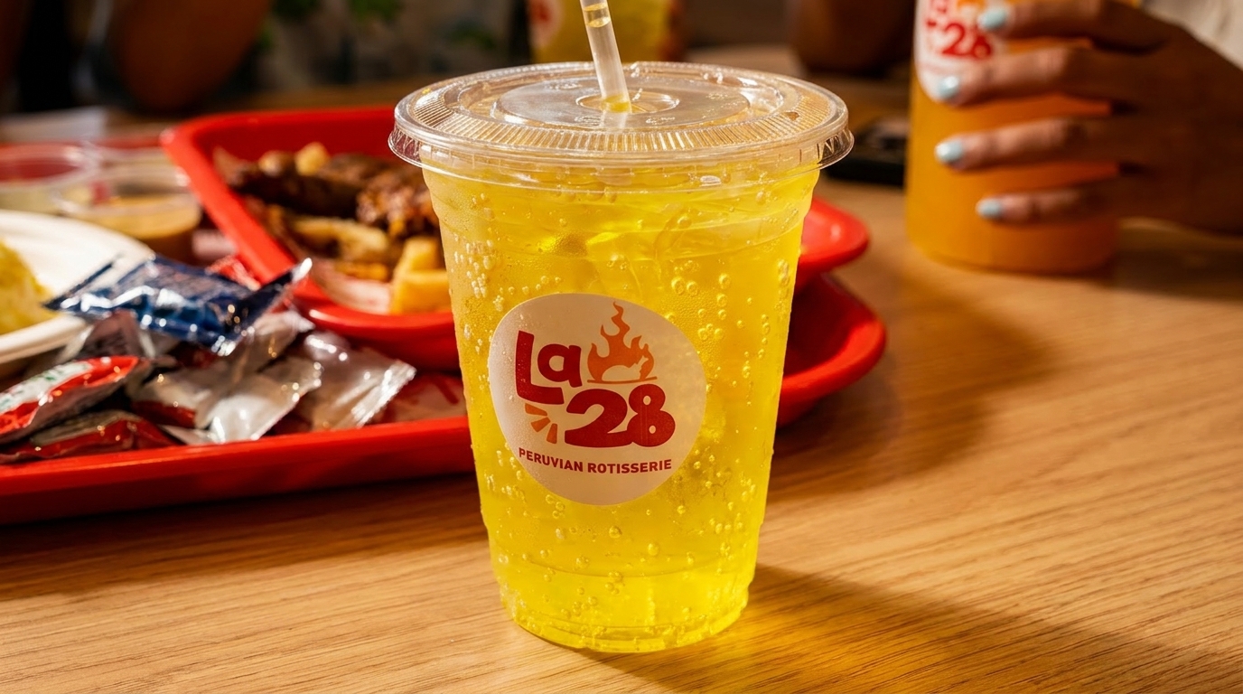 A La 28 Peruvian Rotisserie drink, a yellow soda with ice, on a wooden table.