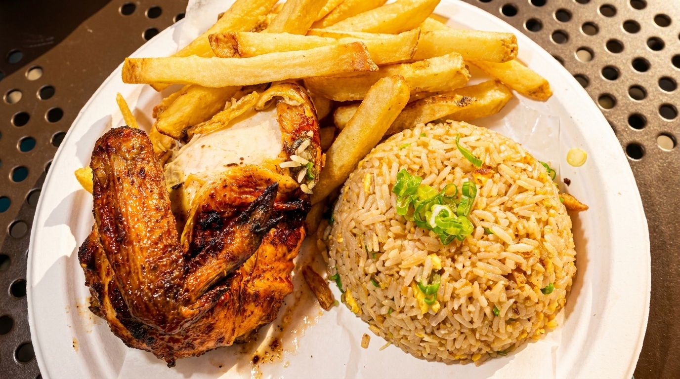 Grilled chicken, french fries, and fried rice with green onions on a white plate.