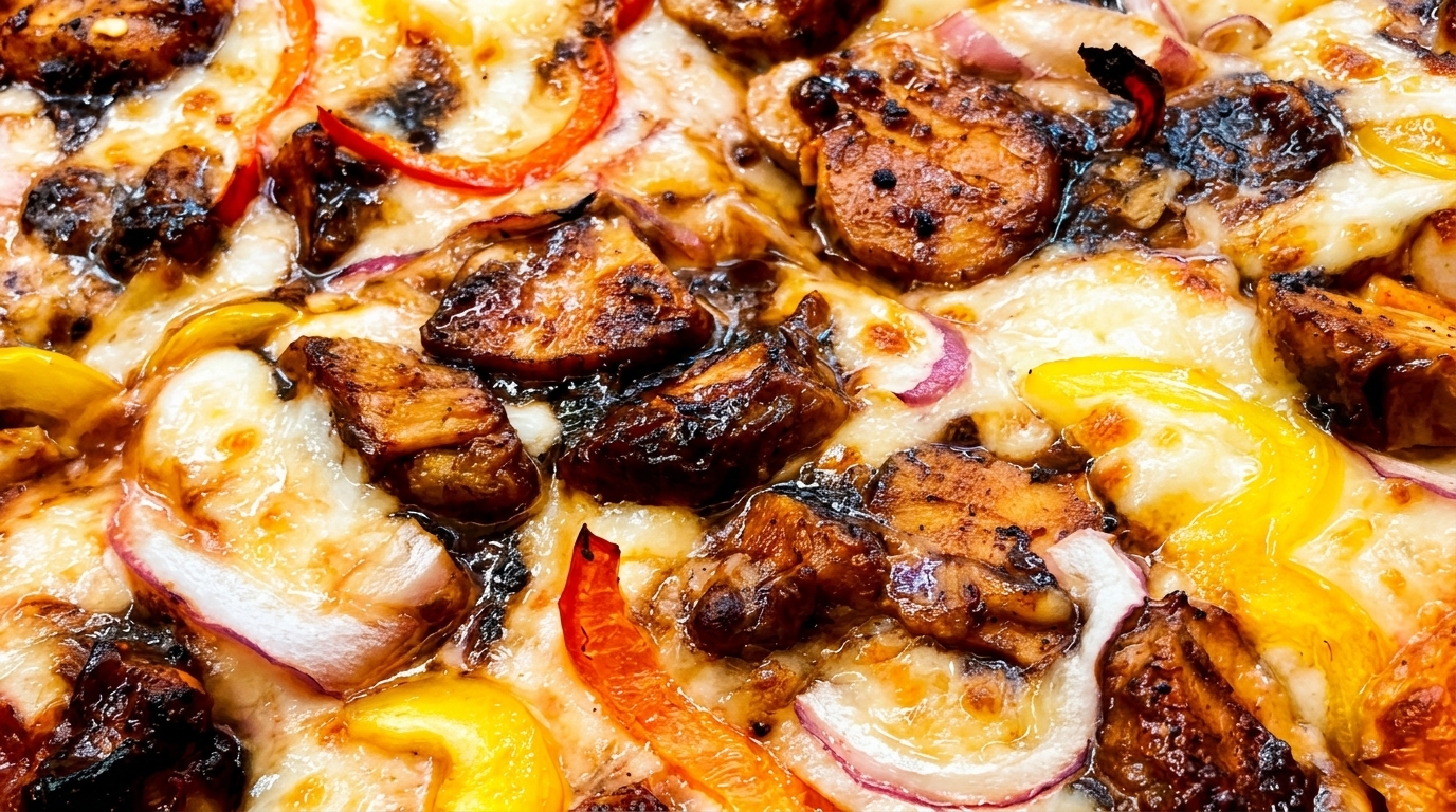 Close-up of a BBQ chicken pizza with melted cheese, red onions, and bell peppers.