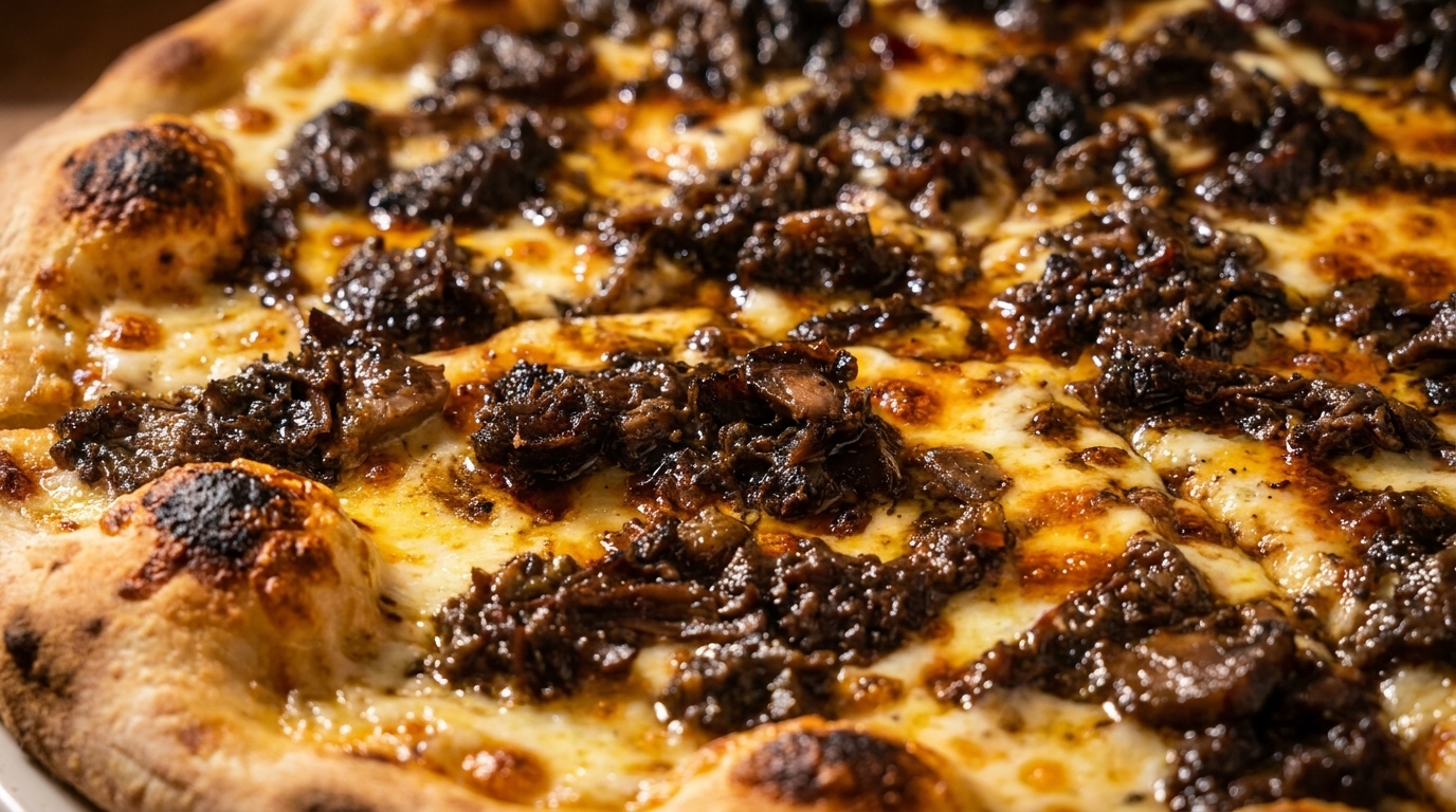 Close-up of a pizza with melted cheese and dark, savory mushroom toppings.