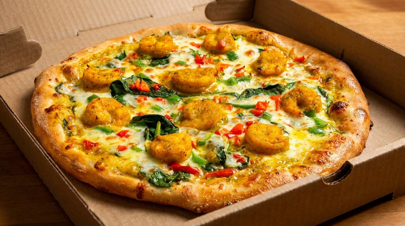 A shrimp pizza with spinach, red and green peppers, and melted cheese in a cardboard box.