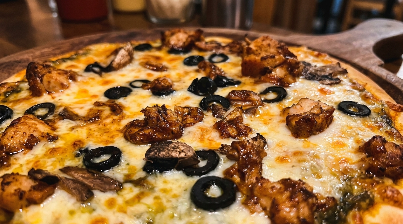 Close-up of a pizza with melted cheese, chicken, black olives, and mushrooms on a wooden board.