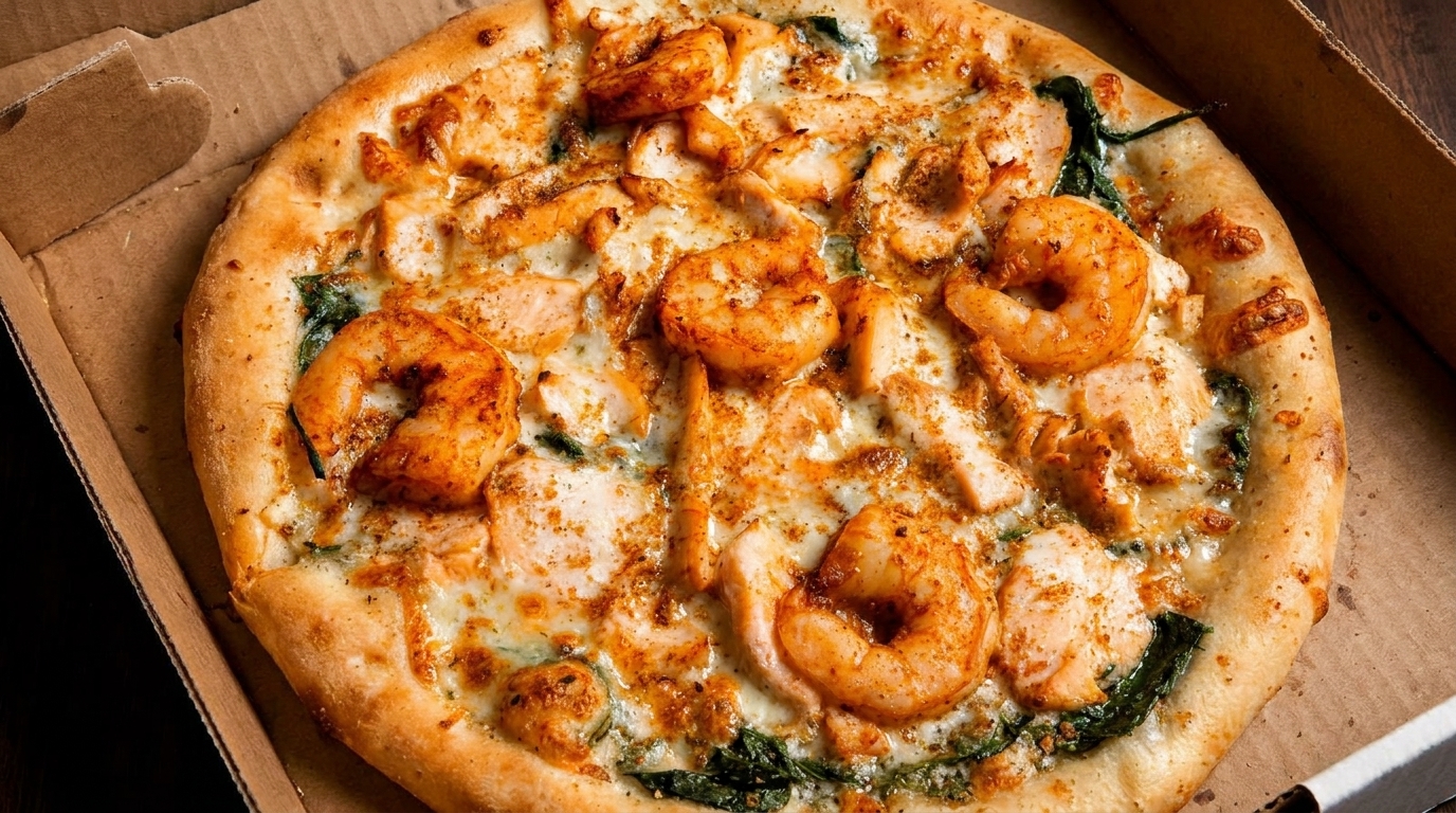 A freshly baked pizza with shrimp, chicken, spinach, and melted cheese in a cardboard box.