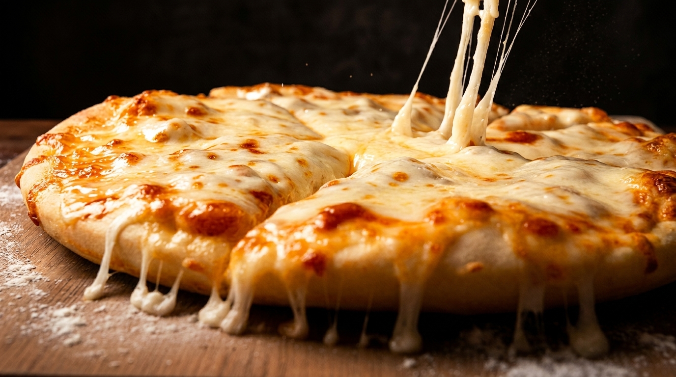 Cheesy pizza with melted mozzarella stretching from a removed slice, on a wooden board.