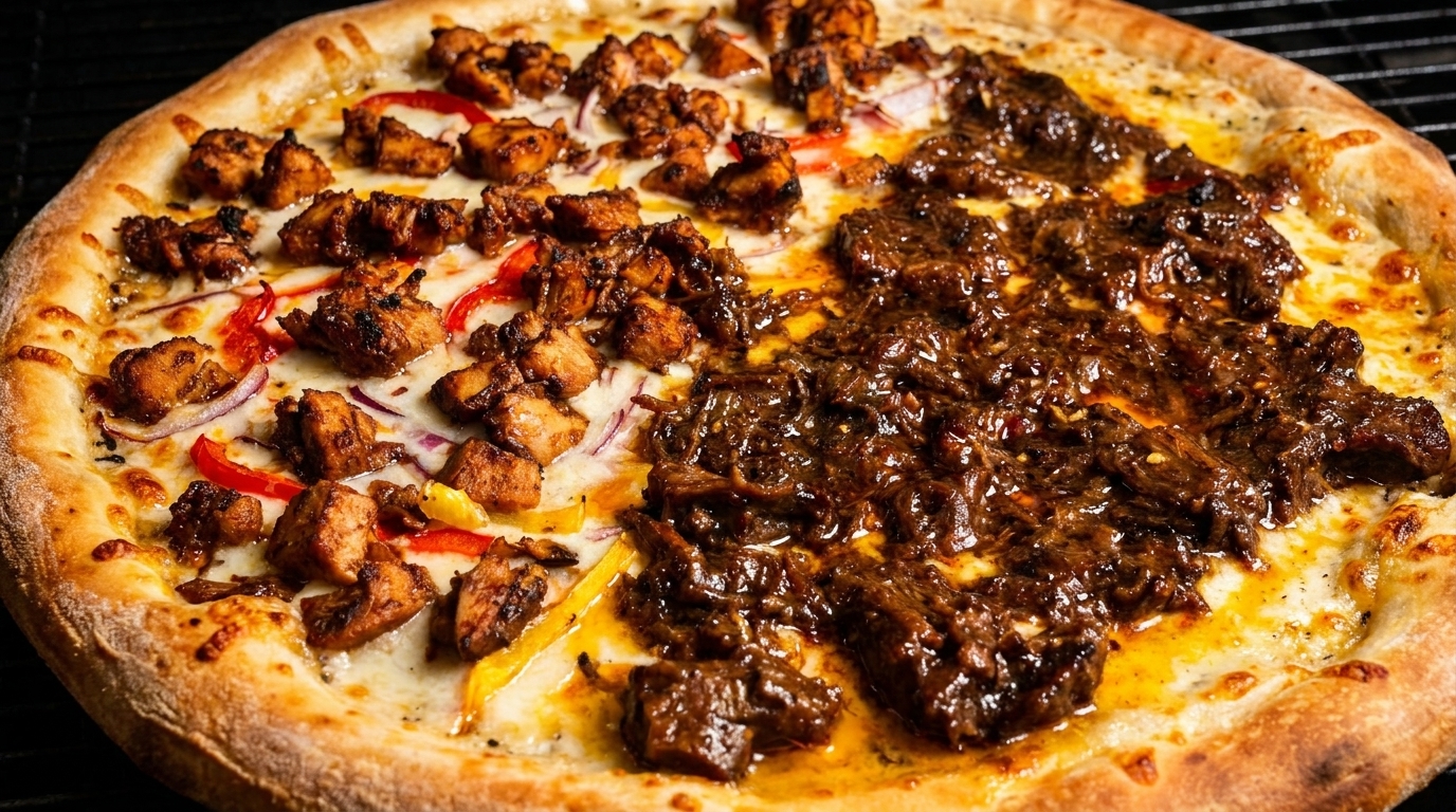 Half chicken tikka and half beef nihari pizza with red onions and bell peppers.