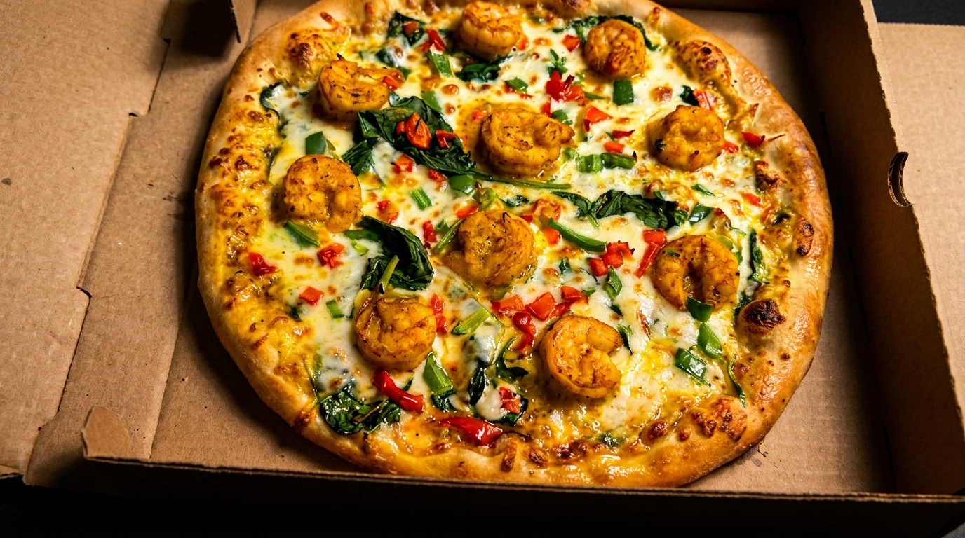 Shrimp pizza with spinach, red peppers, and green onions in a cardboard delivery box.