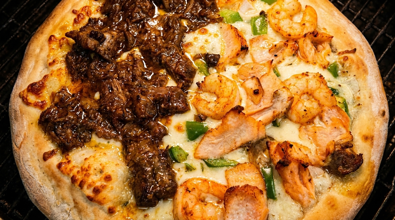 Half beef, half shrimp and chicken pizza with green peppers on a dark grill.