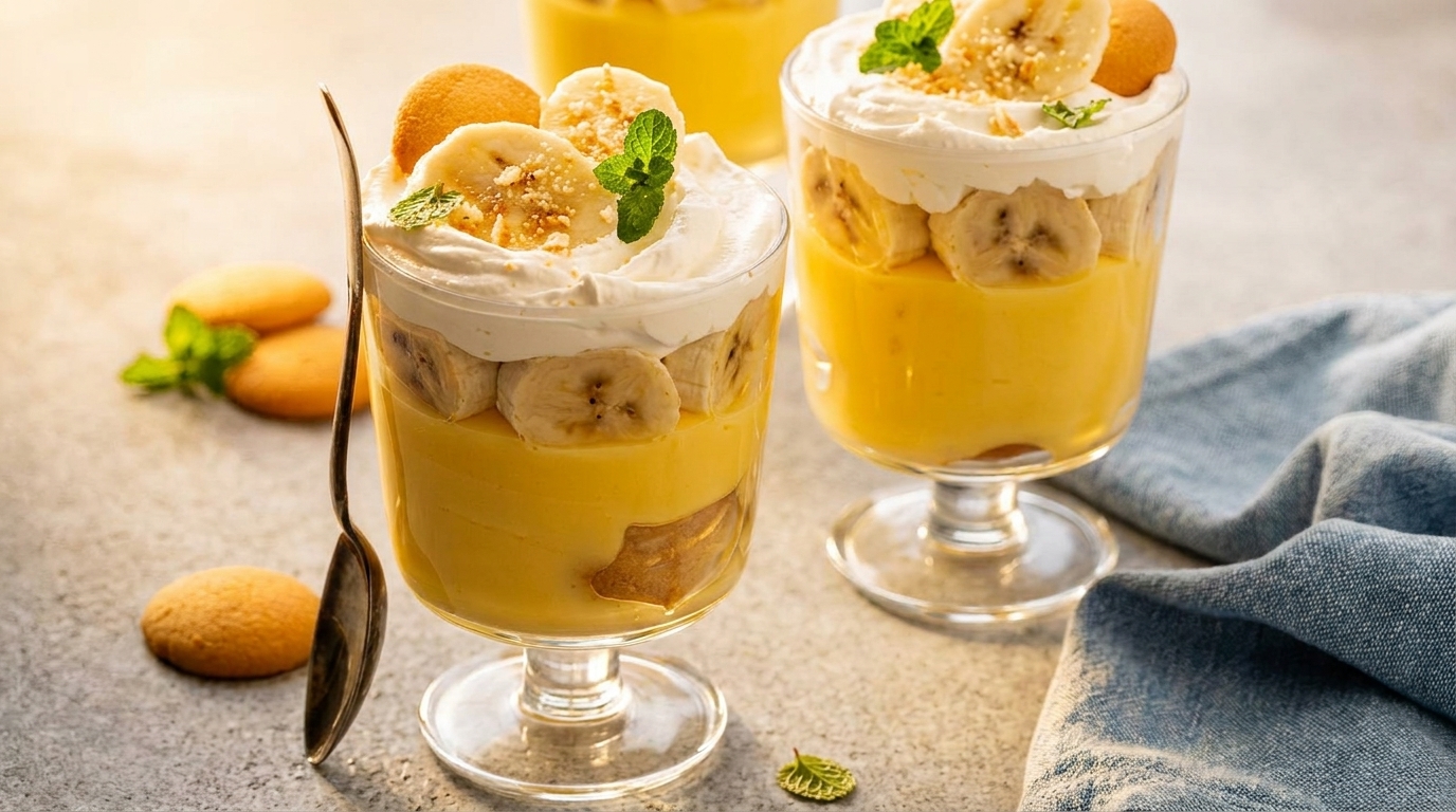 Two banana puddings in glass cups, topped with whipped cream, banana slices, and mint.