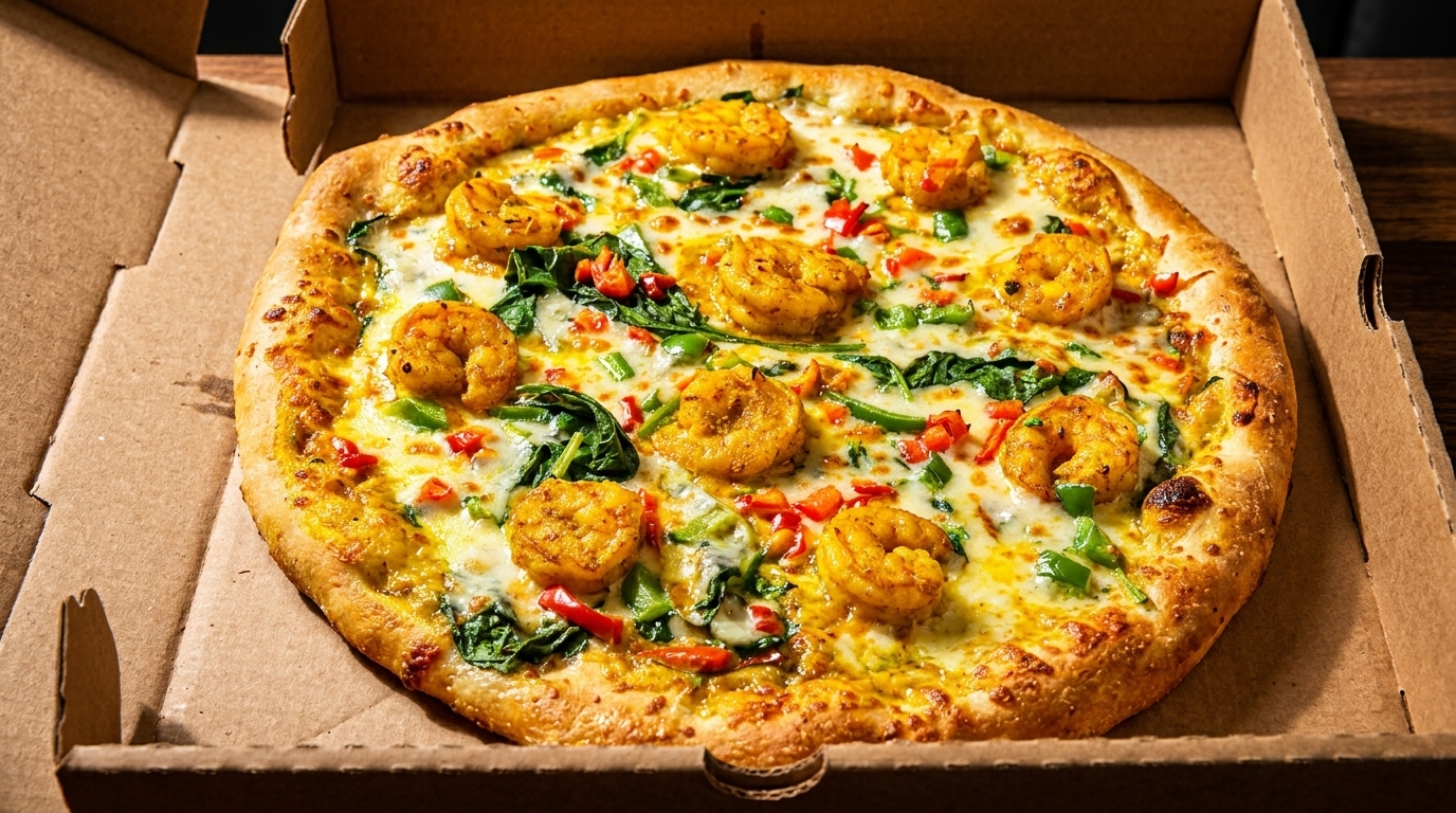 A freshly baked shrimp pizza with spinach and peppers in a cardboard delivery box.
