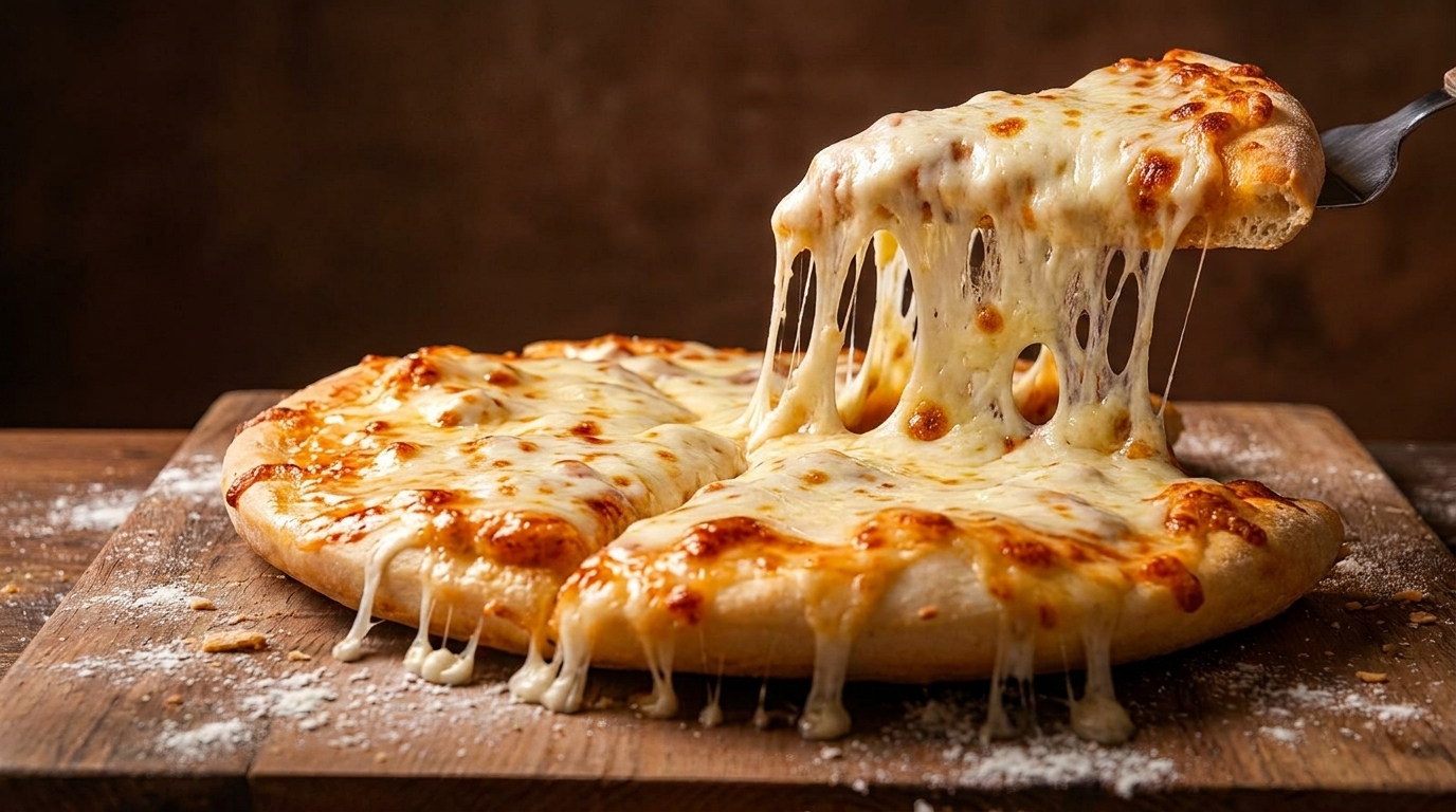 A slice of cheesy pizza being lifted from a whole pizza, with melted cheese stretching.