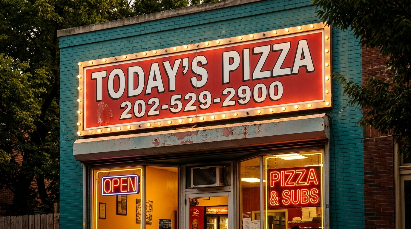 Exterior of Today's Pizza, a brightly lit pizza shop with an "OPEN" sign and "PIZZA & SUBS" neon.