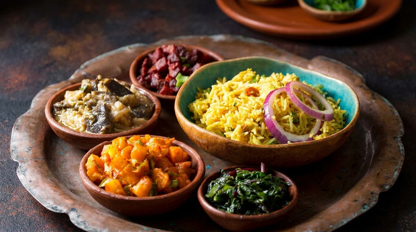A copper tray holds five small bowls of colorful Indian dishes, including yellow rice with red onions.