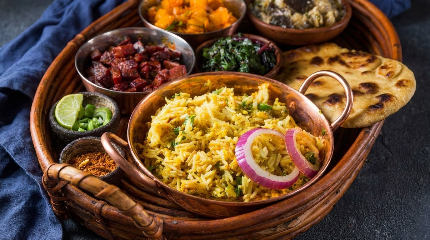 A wicker tray holds various Indian dishes, including biryani, naan, and several curries in copper bowls.
