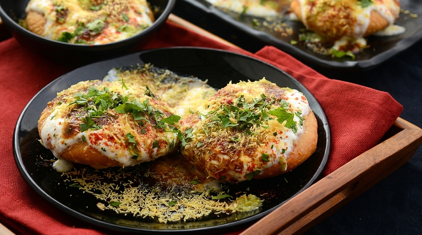 Two plates of dahi bhalla, a popular Indian snack, garnished with herbs and spices.
