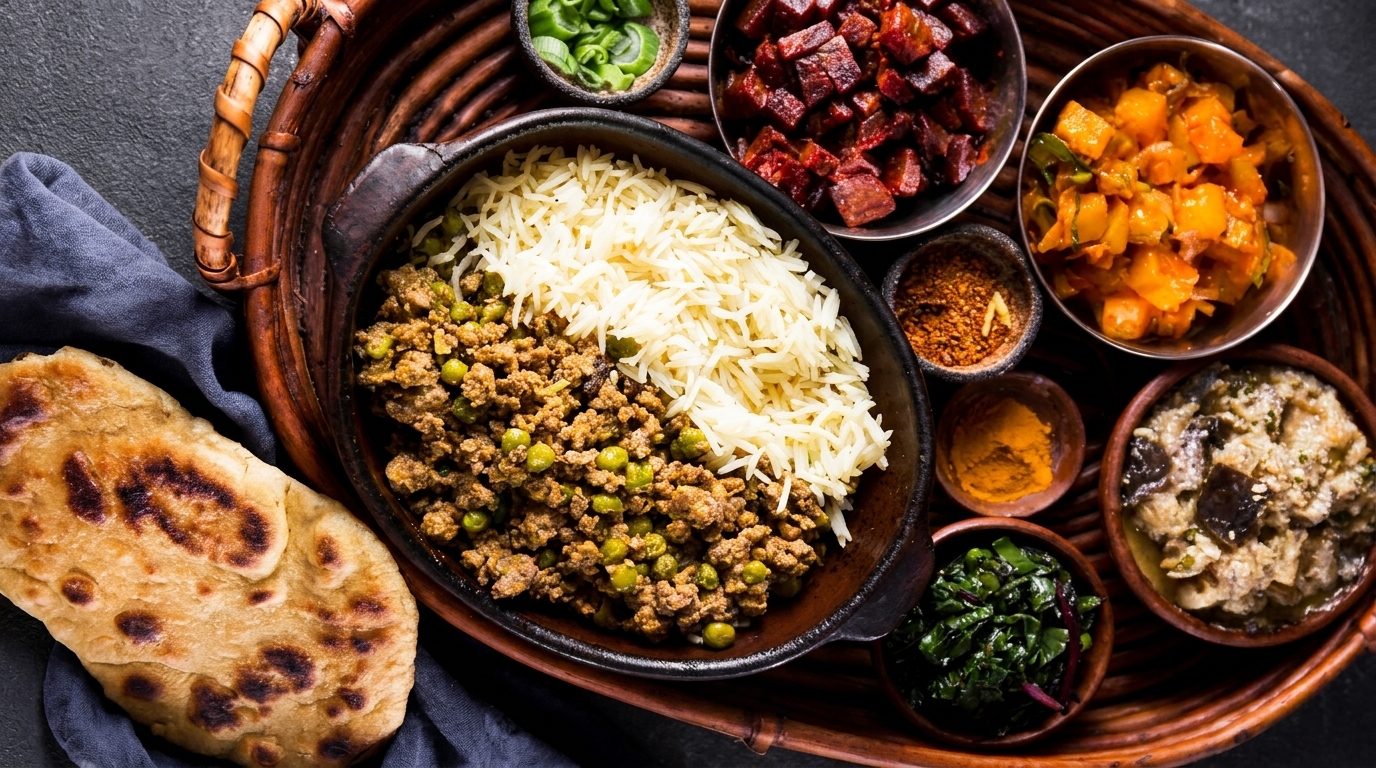 A platter of Indian food with rice, keema, naan, and various side dishes.