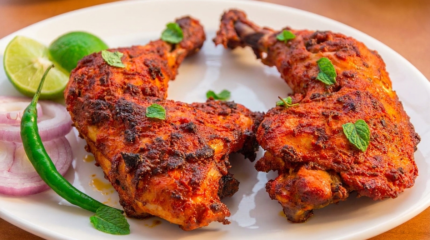 Four pieces of tandoori chicken with mint, lime, red onion, and a green chili on a white plate.