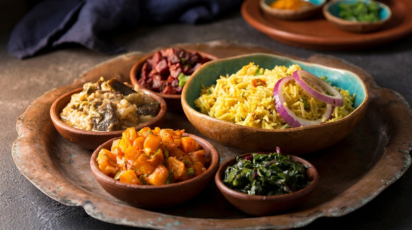 A variety of colorful Sri Lankan dishes, including yellow rice with red onions, on a bronze platter.