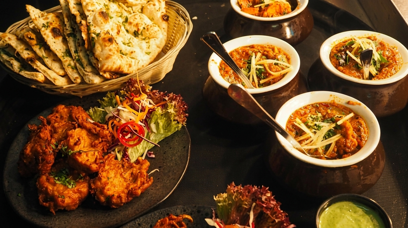 A variety of Indian dishes including naan bread, pakoras, and several bowls of curry.