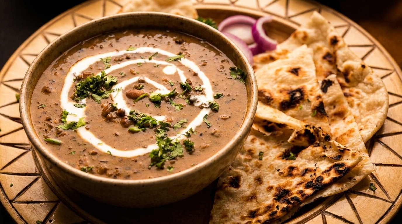 A bowl of creamy Dal Makhani with a swirl of cream and cilantro, served with naan bread.