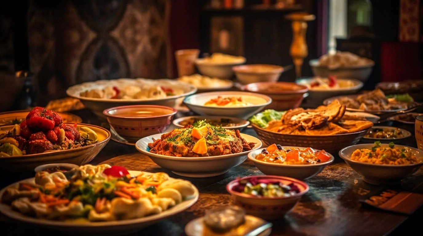 A table laden with numerous bowls and plates of diverse, colorful dishes, suggesting a feast.