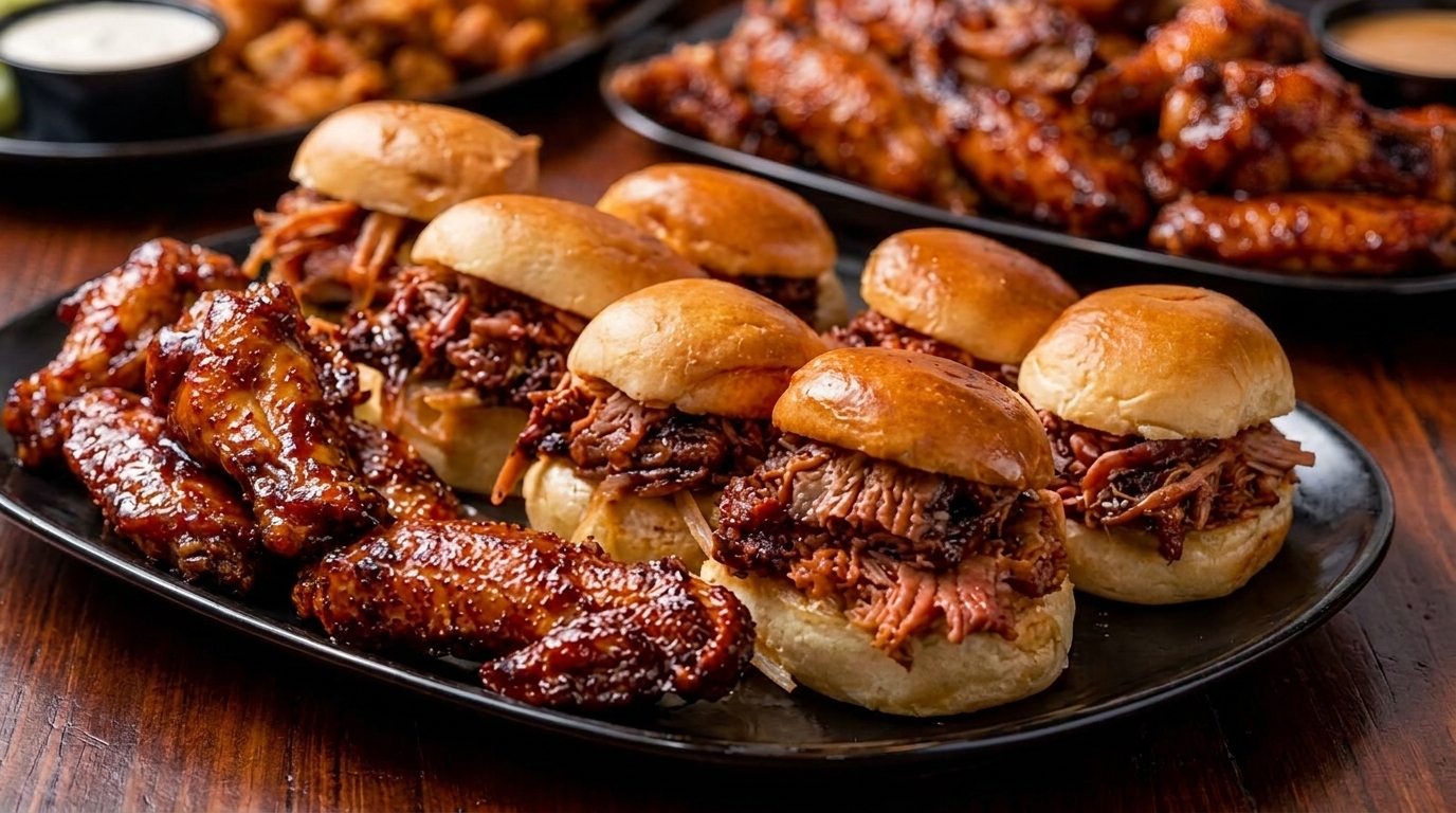 A platter of barbecue pulled pork sliders and glazed chicken wings on a dark wooden table.