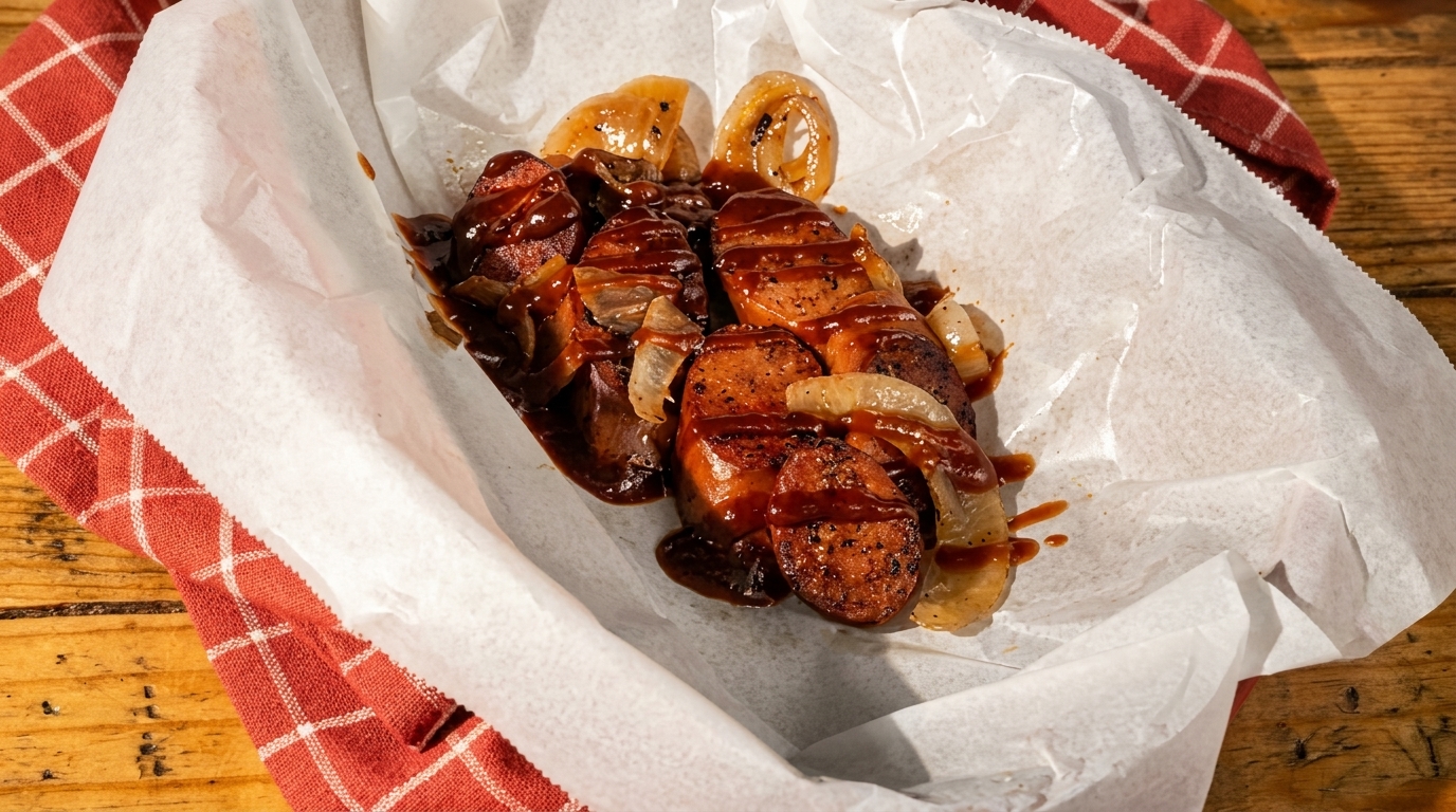 Sliced sausages with caramelized onions and barbecue sauce in a paper-lined basket.