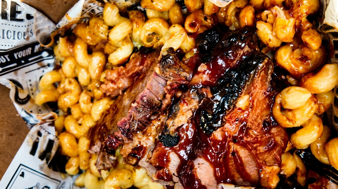 Close-up of barbecue ribs with sauce and macaroni and cheese in a paper-lined basket.