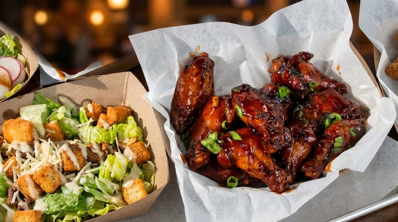 A takeout container of glazed chicken wings with green onions next to a Caesar salad.