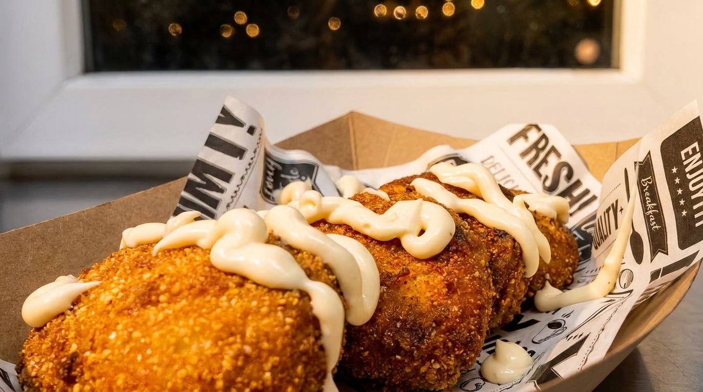 Golden-brown fried croquettes drizzled with white sauce, served in a paper-lined cardboard tray.