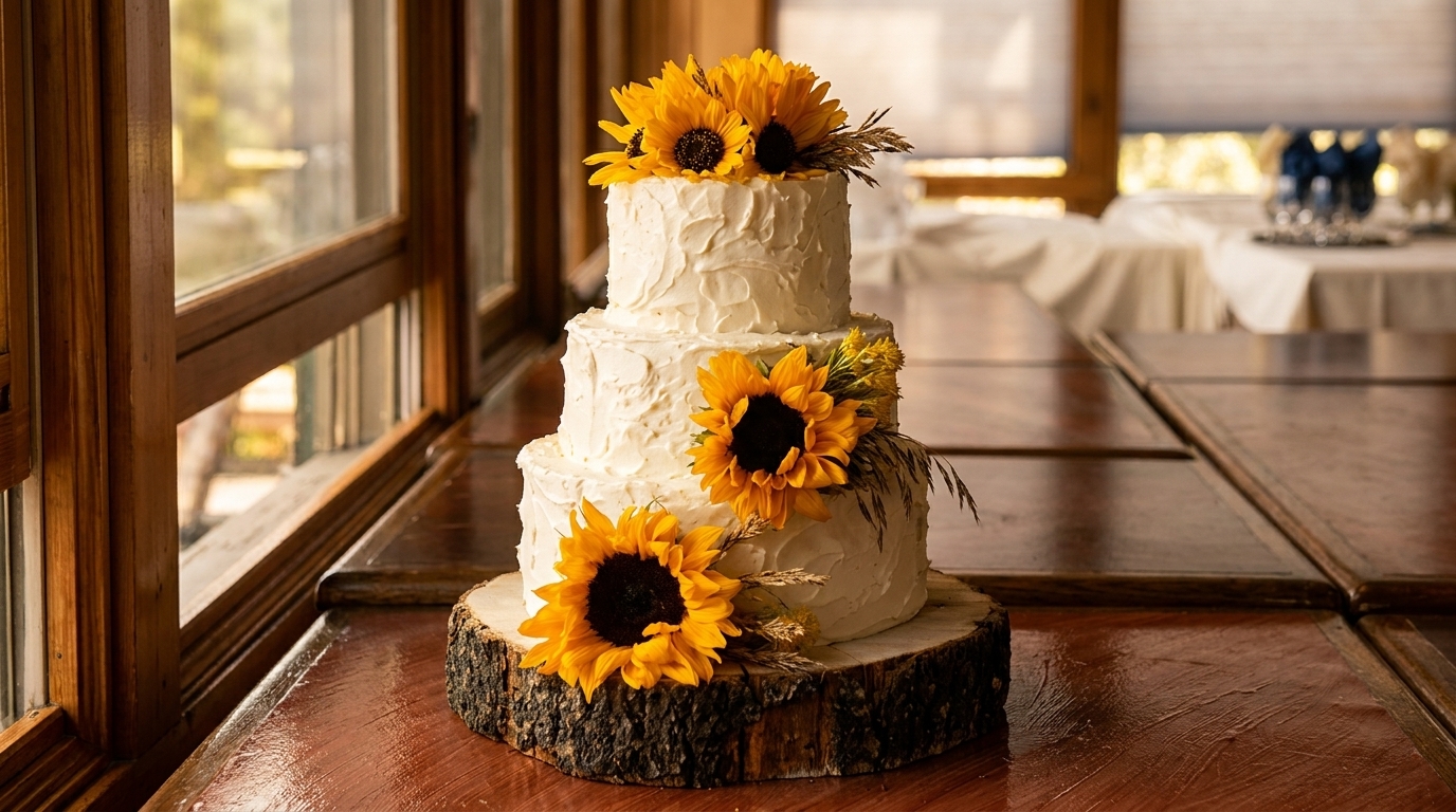 Three-tiered white wedding cake decorated with sunflowers and wheat on a wooden slab.