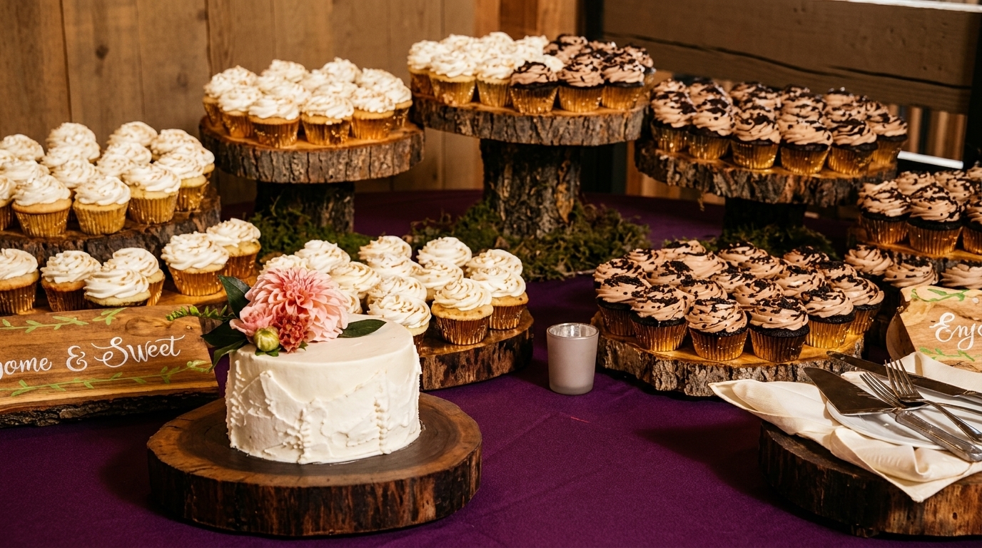 A dessert table with a small white cake and numerous vanilla and chocolate cupcakes on rustic wooden stands.