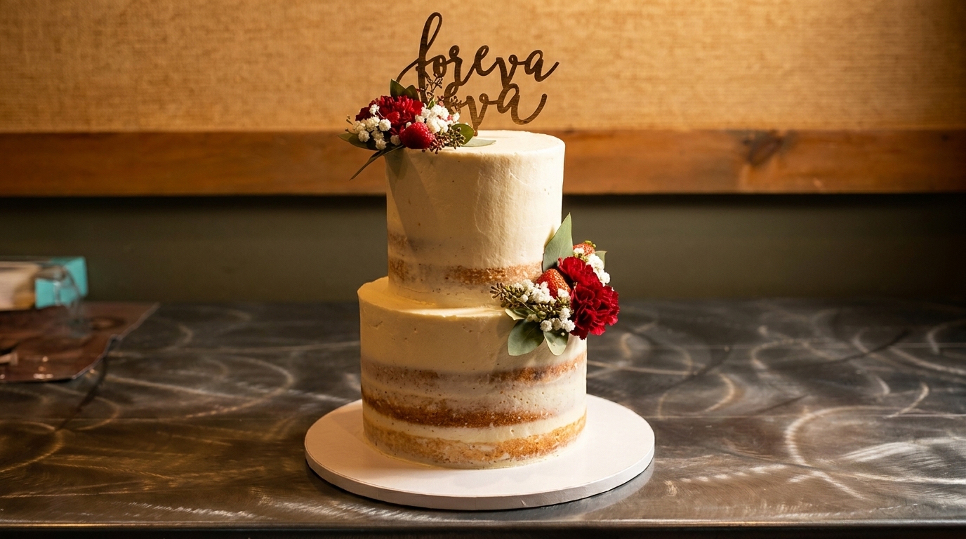 Two-tiered naked cake with red flowers, greenery, and a "foreva eva" topper on a metal table.