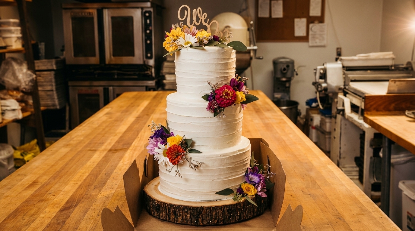 Three-tier white wedding cake with colorful flowers and a "We Do" topper on a wooden table.