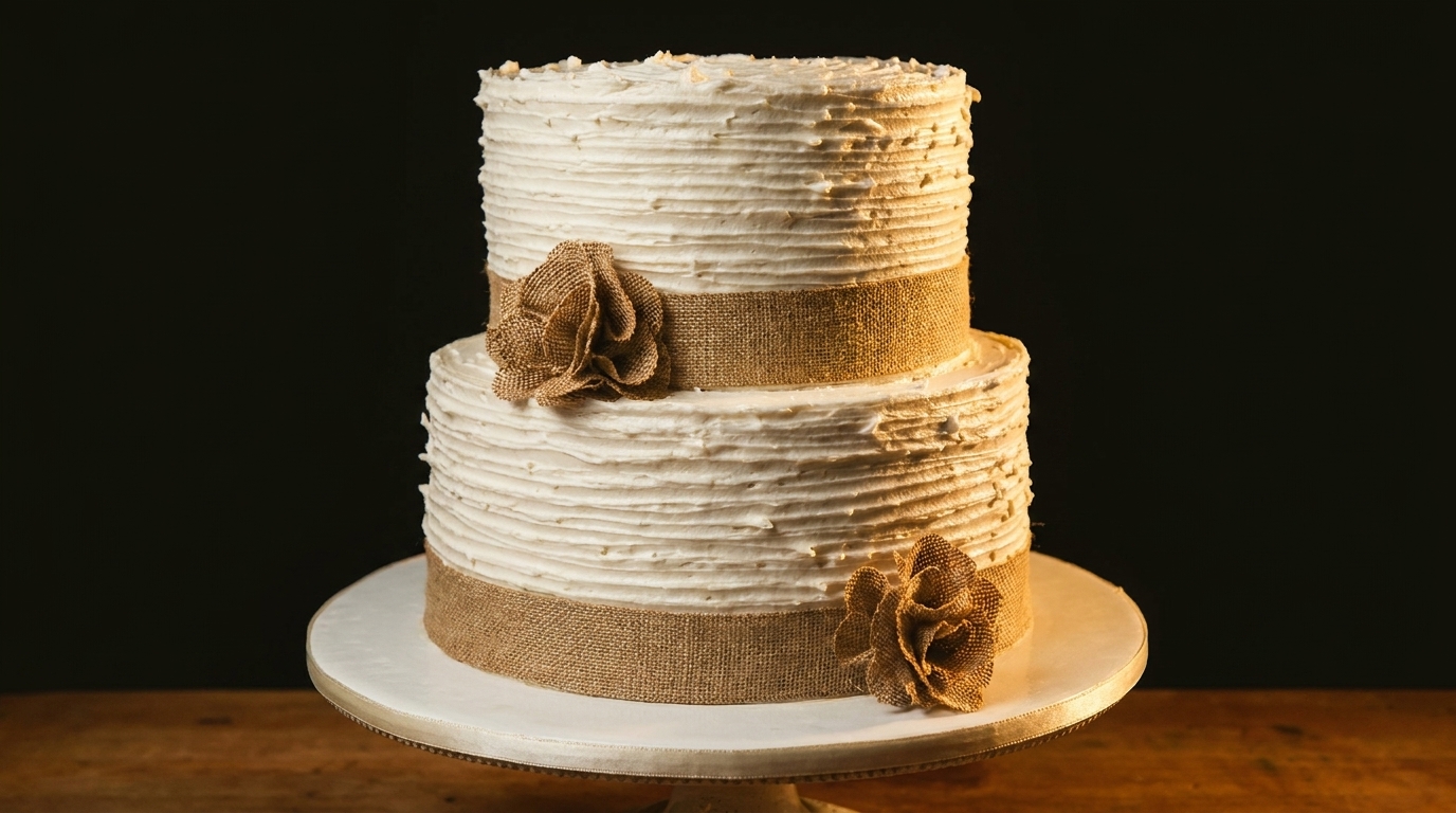 Two-tiered white cake with textured frosting, burlap ribbon, and burlap flowers on a stand.