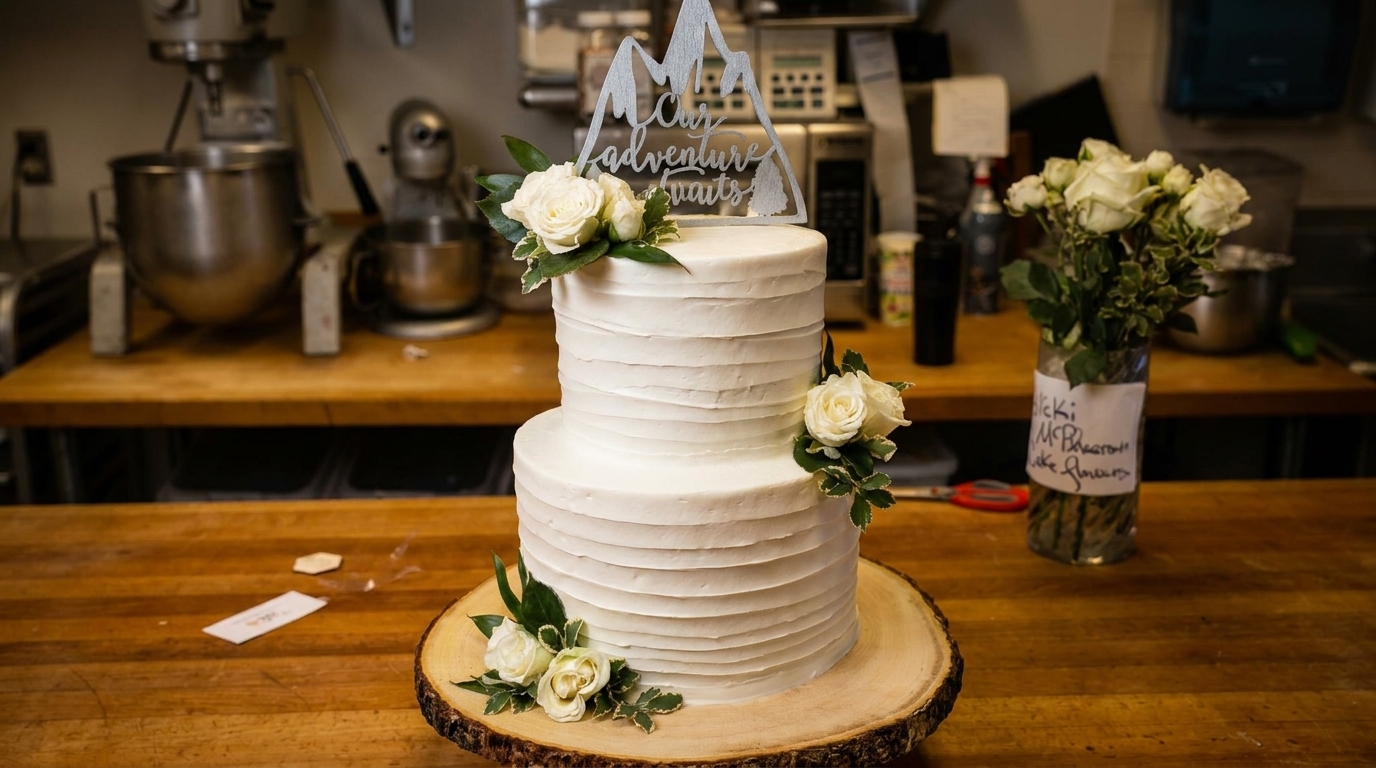 Two-tiered white wedding cake with white roses and a mountain-themed topper on a wooden stand.