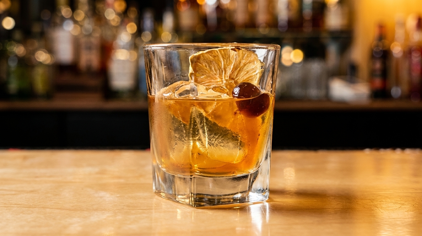 Old Fashioned cocktail with dried citrus and a cherry on a bar counter with bottles in background.