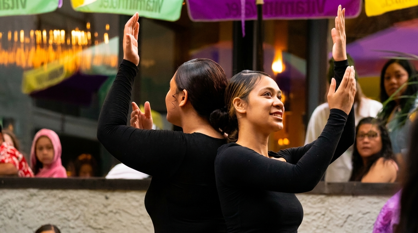 Two women in black shirts perform a dance with raised hands, smiling, in an outdoor setting.