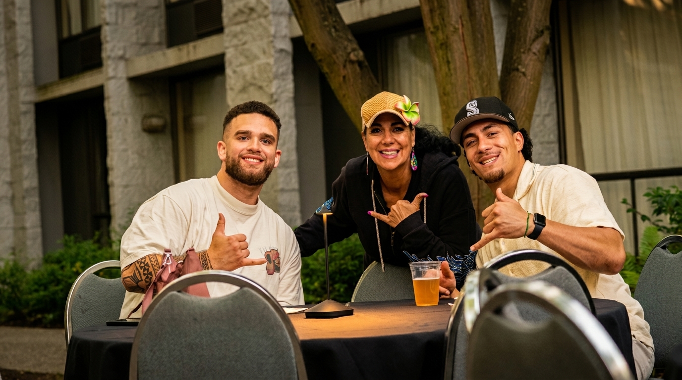 Three smiling people, two men and one woman, pose at an outdoor table, making shaka signs.