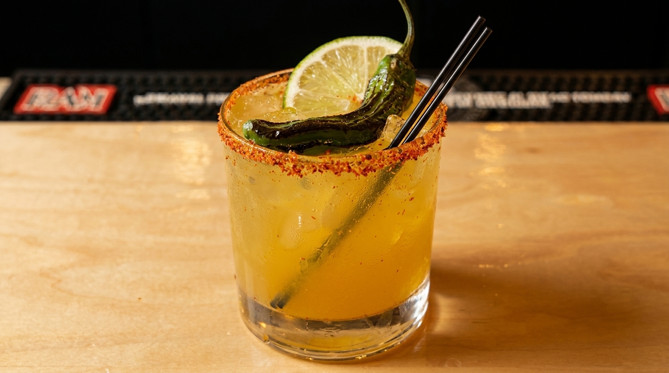 Spicy margarita with a chili-lime rim, garnished with a lime slice and green chili pepper.
