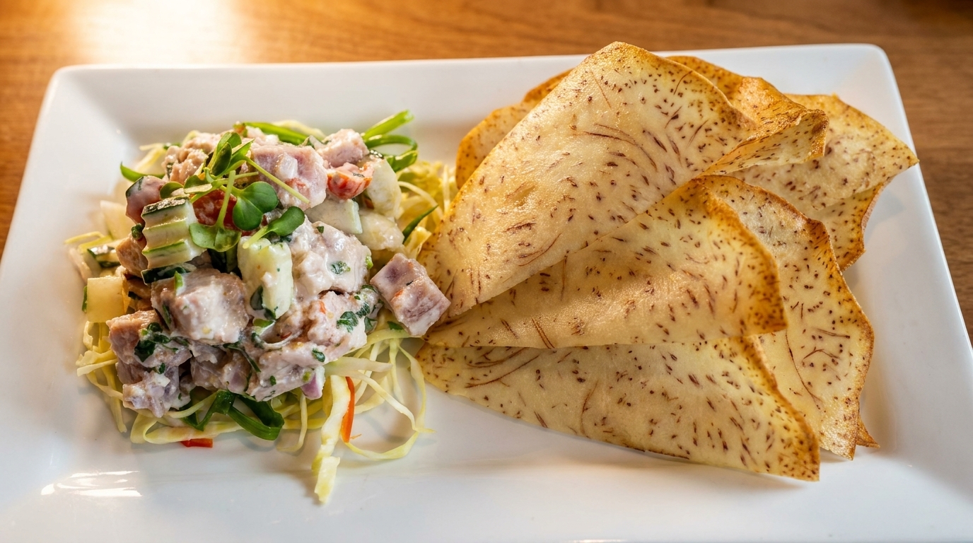 A white rectangular plate with ceviche and taro chips on a wooden table.