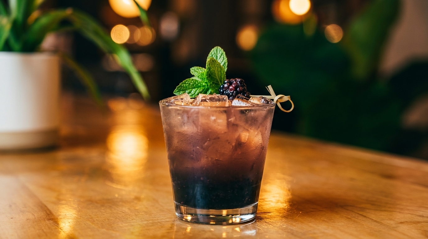 Dark cocktail with ice, garnished with mint and blackberries, on a wooden table.